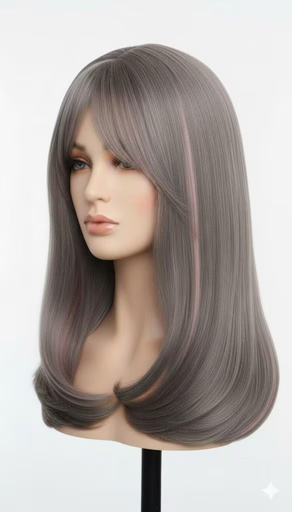Platinum Blonde Wig with Dusty Pink Highlights 16" Long Synthetic Hair | Zebaish Wigs & Extensions