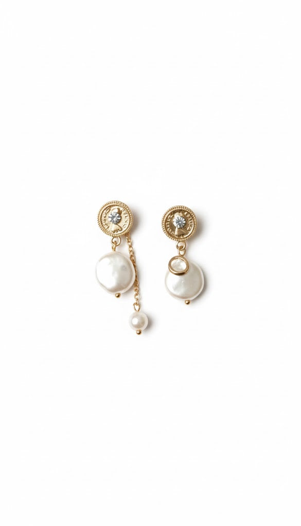 Gold Coin Stud with Baroque Pearl Drop Earrings.