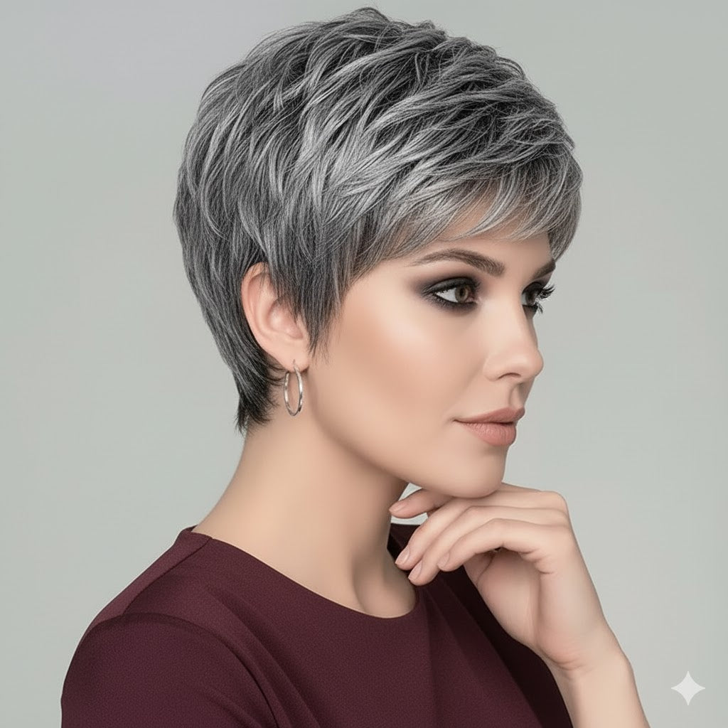 Zebaish Short Silver And Grey Wig With Bangs