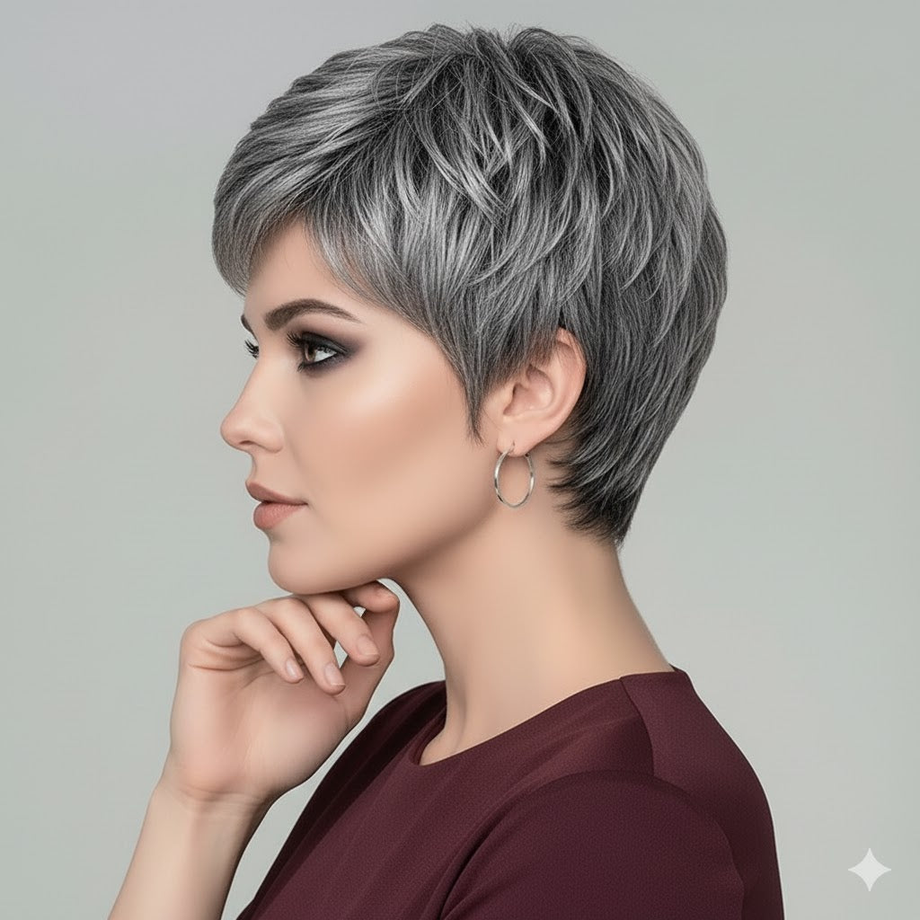 Zebaish Short Silver And Grey Wig With Bangs