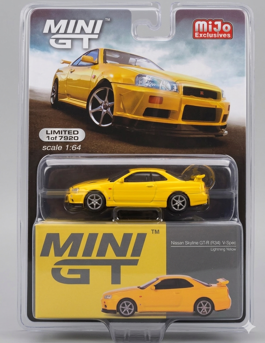 MINI GT Nissan Skyline GT-R R34 V-Spec Lightning Yellow Mijo Exclusive 1:64 762