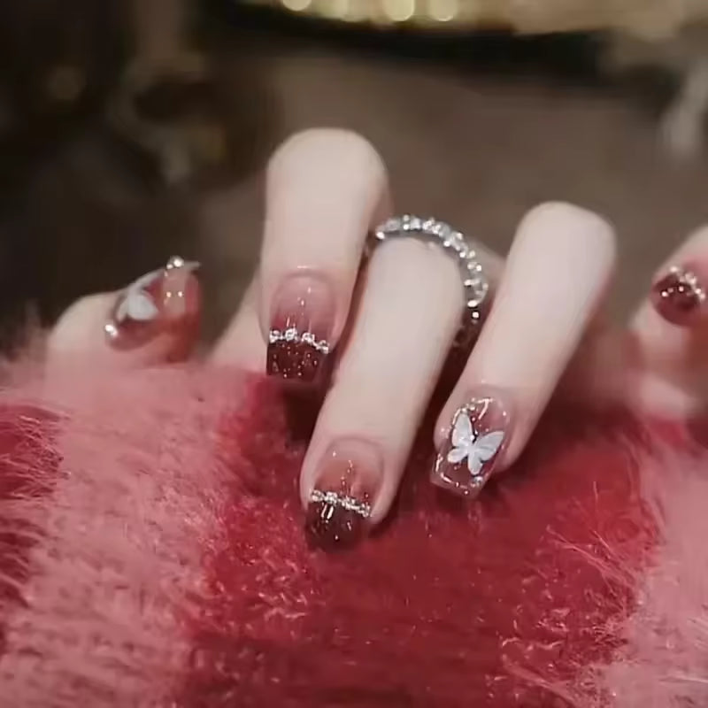 Glittery Red Fake Press On Nail Shiny Large Crystal French Wearable False Nails | Zebaish Wigs & Extensions