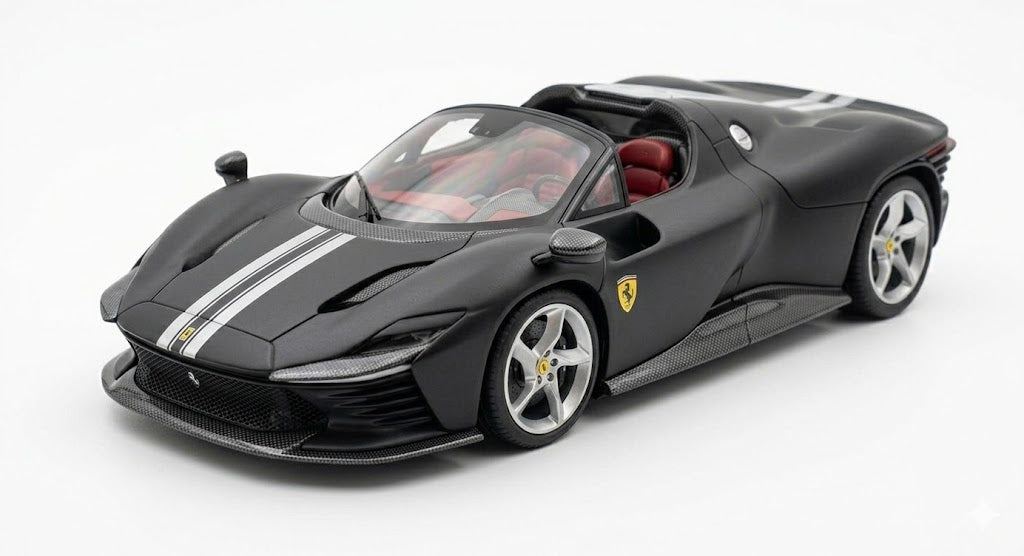 Ferrari Daytona SP3 Matt Black with White Stripes and Red Interior 1/64 Diecast