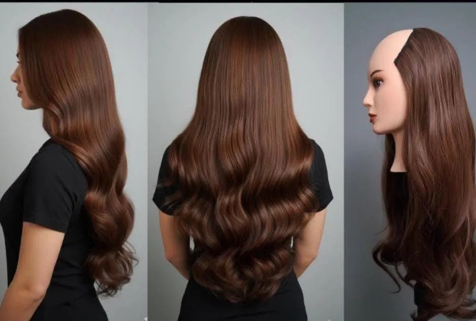 ChestNut With Dark Brown Highlights U Shape 7 Clips Extension 28" Long Synthetic Hair | Zebaish Wigs & Extension