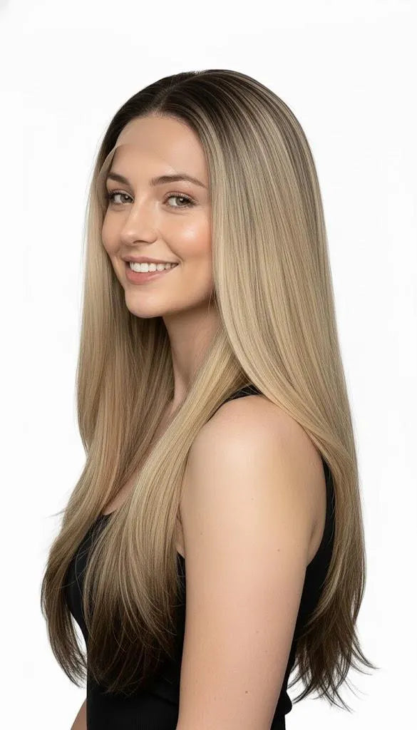 Ash Blonde Ombre Fixed Parting Lace Wig 30" Long Straight Hair For Women Synthetic Hair | Zebaish Wigs & Extensions