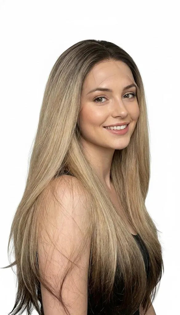 Ash Blonde Ombre Fixed Parting Lace Wig 30" Long Straight Hair For Women Synthetic Hair | Zebaish Wigs & Extensions