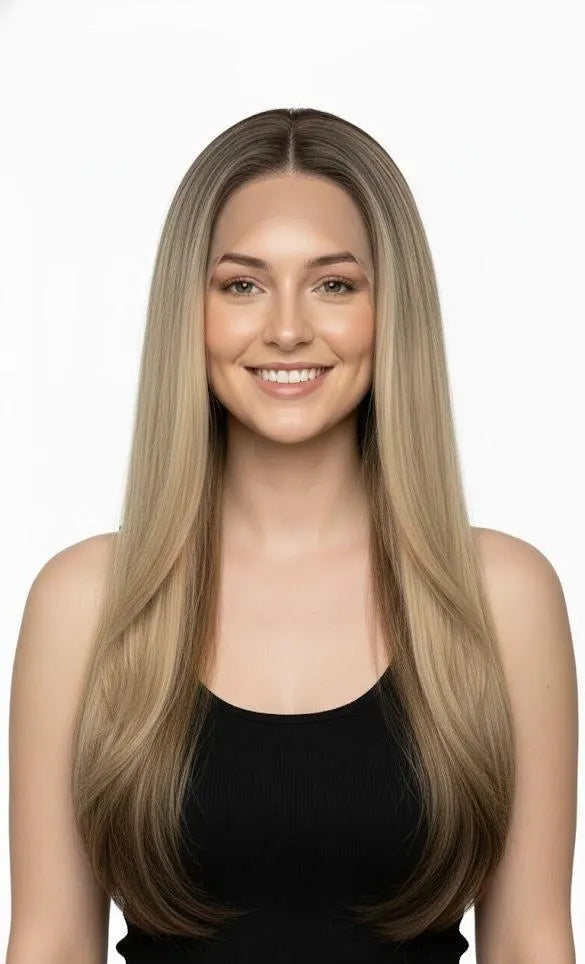 Ash Blonde Ombre Fixed Parting Lace Wig 30" Long Straight Hair For Women Synthetic Hair | Zebaish Wigs & Extensions