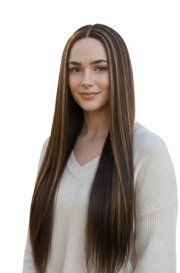 Brown To Caramel Highlights Fixed Parting Lace Wig 30" Long Straight Hair For Women Synthetic Hair | Zebaish Wigs & Extensions