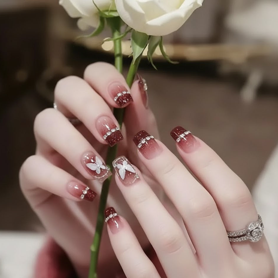 Glittery Red Fake Press On Nail Shiny Large Crystal French Wearable False Nails | Zebaish Wigs & Extensions