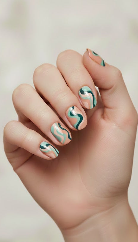 Peach & Teal Fake Press On Nail (with glue) Shiny False Nails Elegant Glass Nail Art | Zebaish Wigs & Extensions