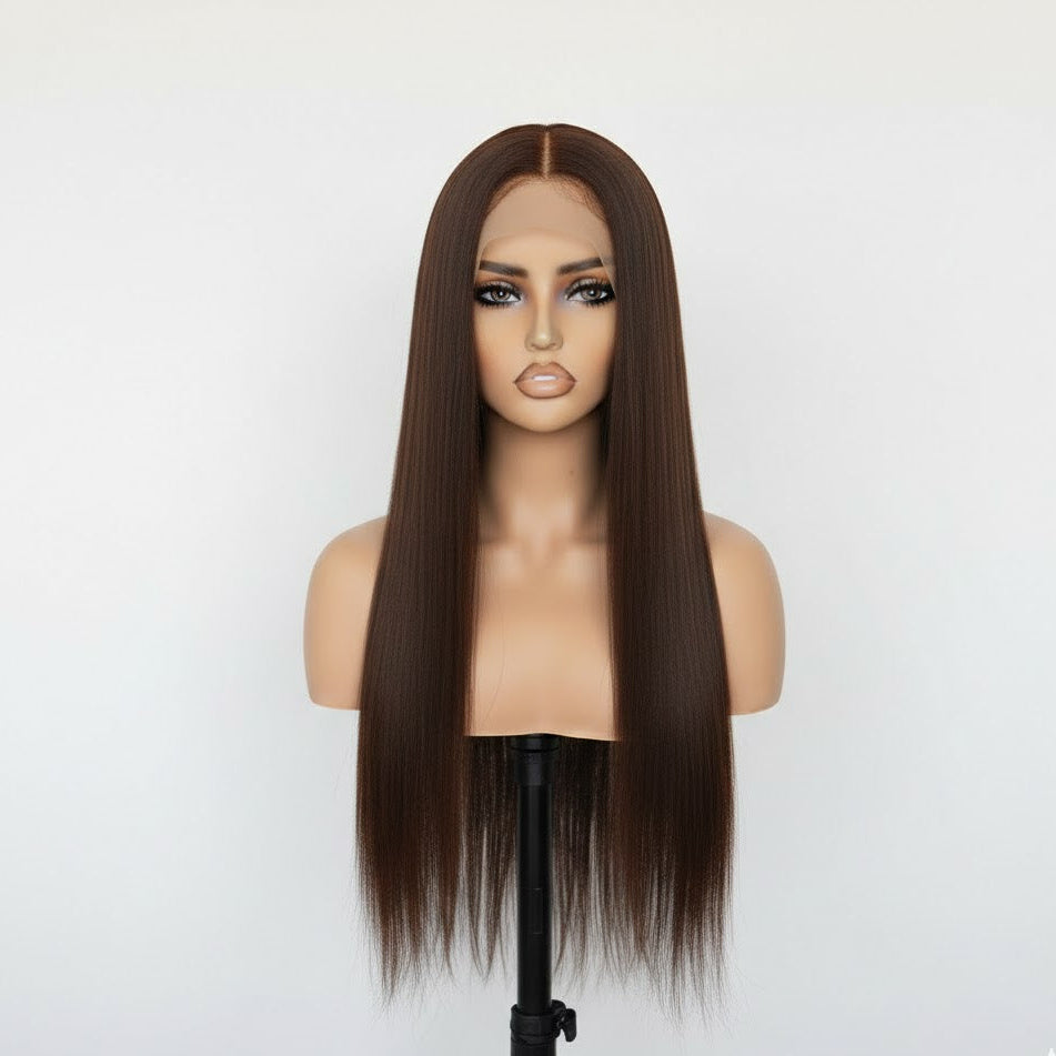 13*4 Chocolate Brown Front Lace Wig 32" Long Straight Synthetic Hair By Zebaish | Zebaish Wigs & Extensions