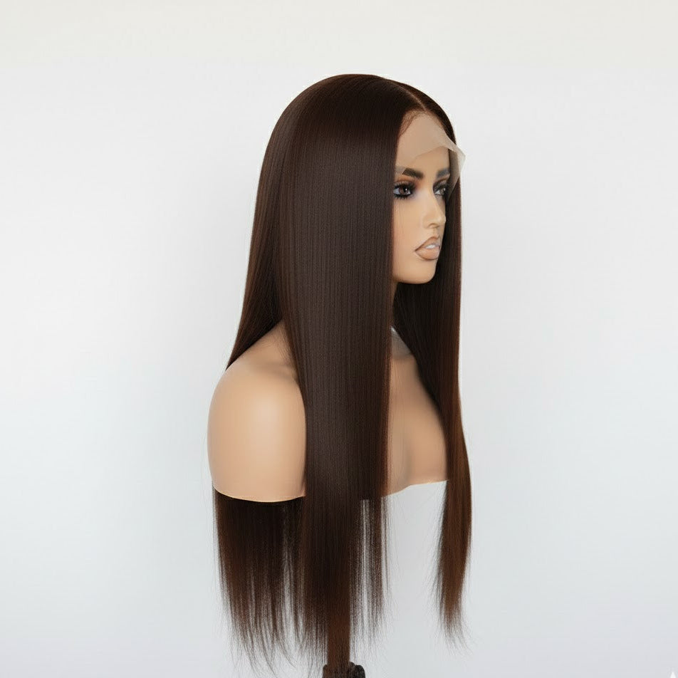 13*4 Chocolate Brown Front Lace Wig 32" Long Straight Synthetic Hair By Zebaish | Zebaish Wigs & Extensions