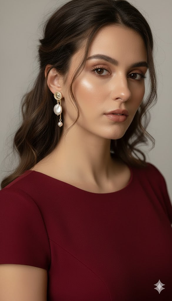 Gold Coin Stud with Baroque Pearl Drop Earrings | Zebaish Wigs and Extensions