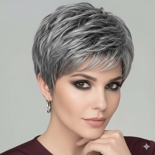 Zebaish Short Silver And Grey Wig With Bangs