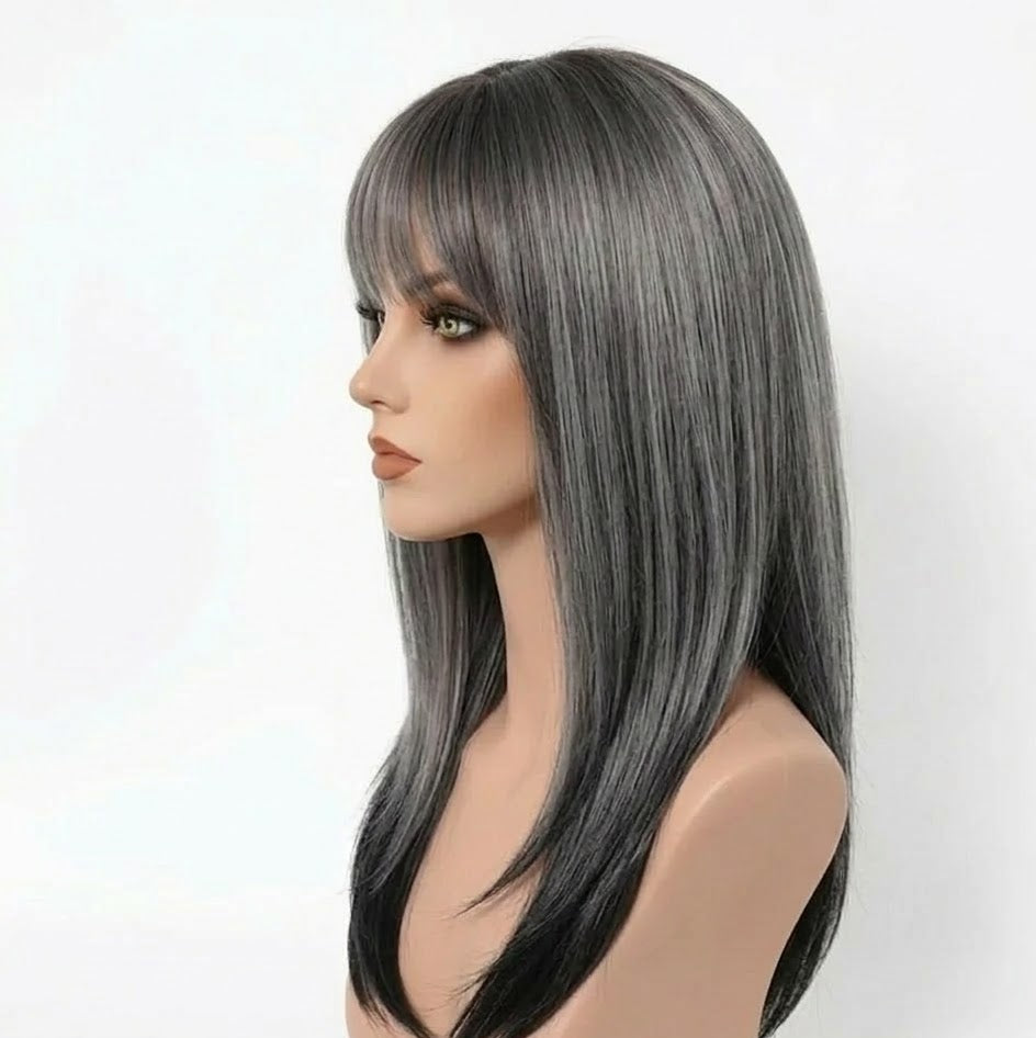 Ombre Charcoal Silver Wig, 18-Inch Heat-Resistant Synthetic, Face-Framing Bangs | Zebaish Wigs & Extensions