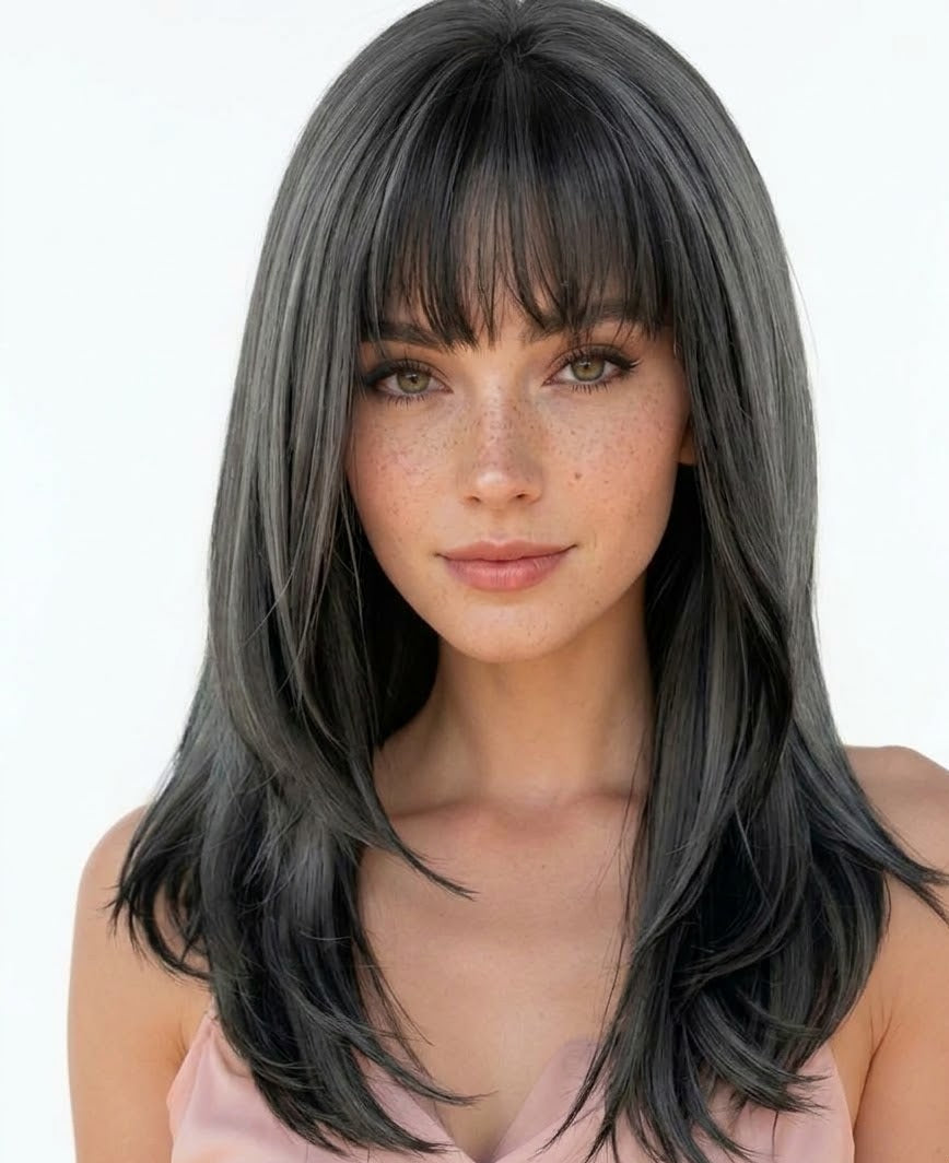 Ombre Charcoal Silver Wig, 18-Inch Heat-Resistant Synthetic, Face-Framing Bangs | Zebaish Wigs & Extensions